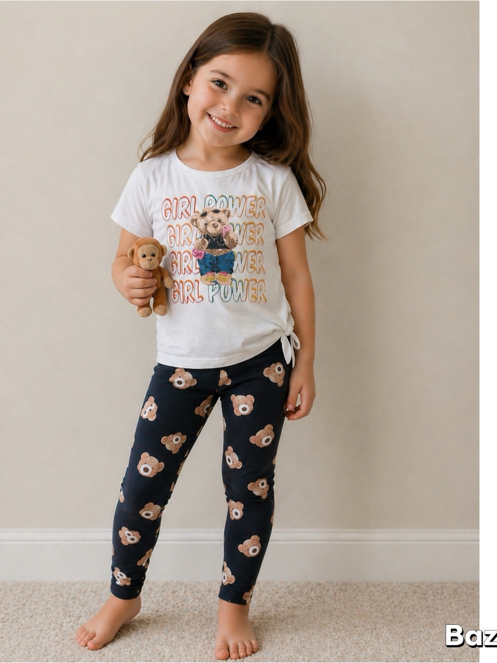 3pc Sz 6 Teddy Bear Girl Power Shirt And Leggings With Ty Bongo Monkey Plush